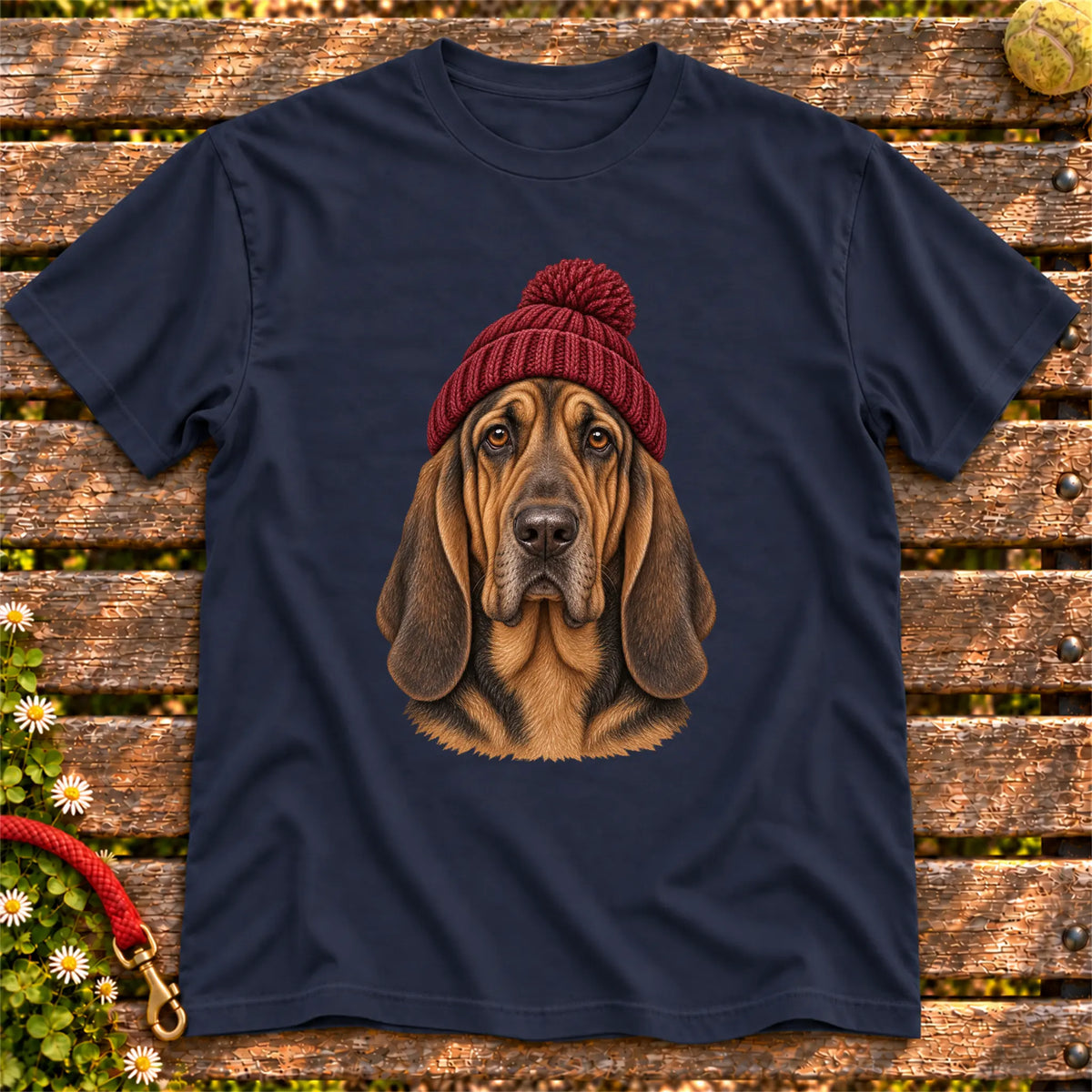 Navy Bloodhound hipster T-shirt with a dog portrait in a chunky maroon beanie
