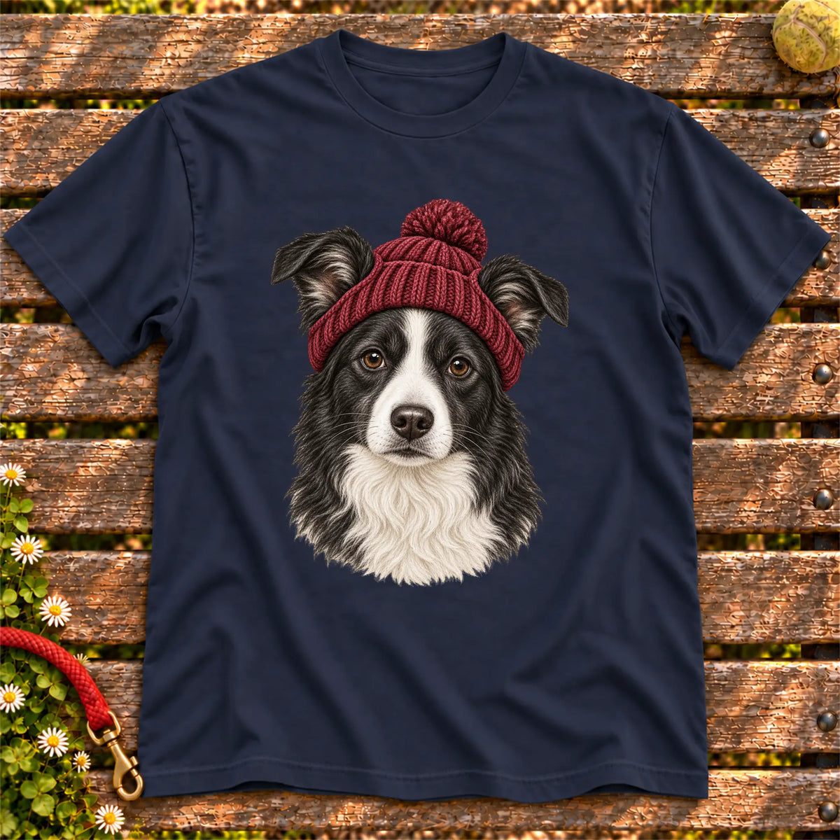 Navy Border Collie hipster T-shirt with a dog portrait in a chunky maroon beanie