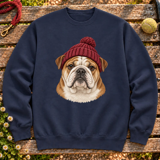 Navy Bulldog hipster sweatshirt with a dog portrait in a chunky maroon beanie