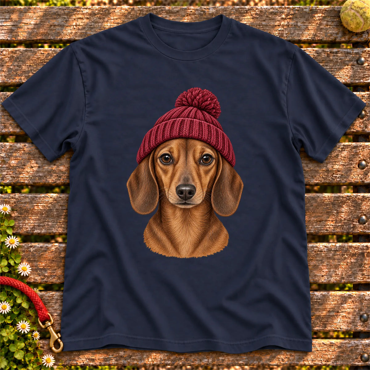 Navy Dachshund hipster T-shirt with a dog portrait in a chunky maroon beanie
