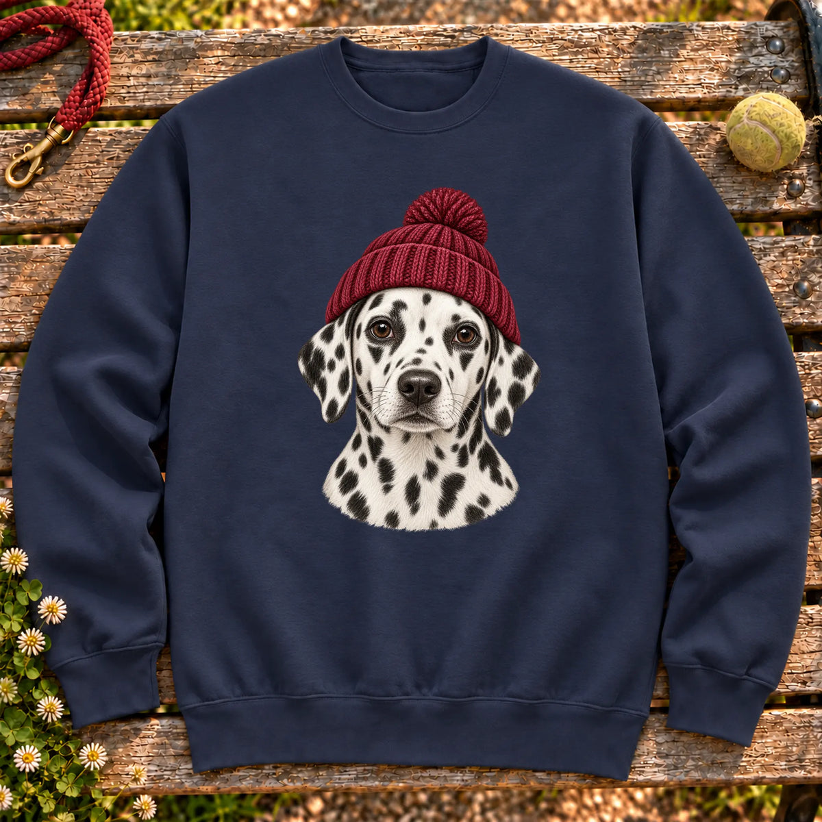 Navy Dalmatian hipster sweatshirt with a dog portrait in a chunky maroon beanie