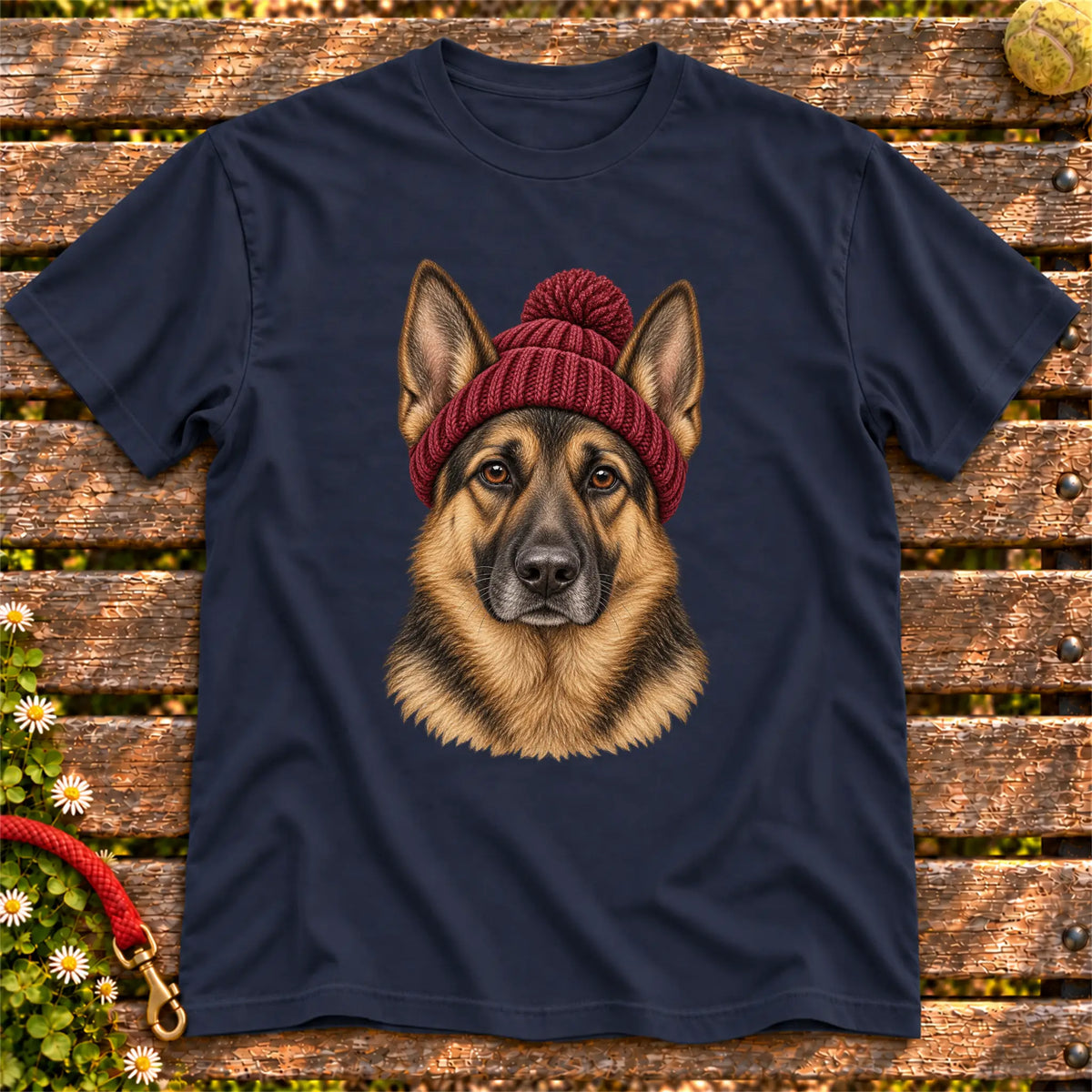 Navy German Shepherd hipster T-shirt with a dog portrait in a chunky maroon beanie