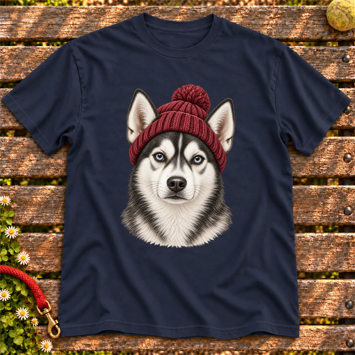 Navy Husky hipster T-shirt with a dog portrait in a chunky maroon beanie