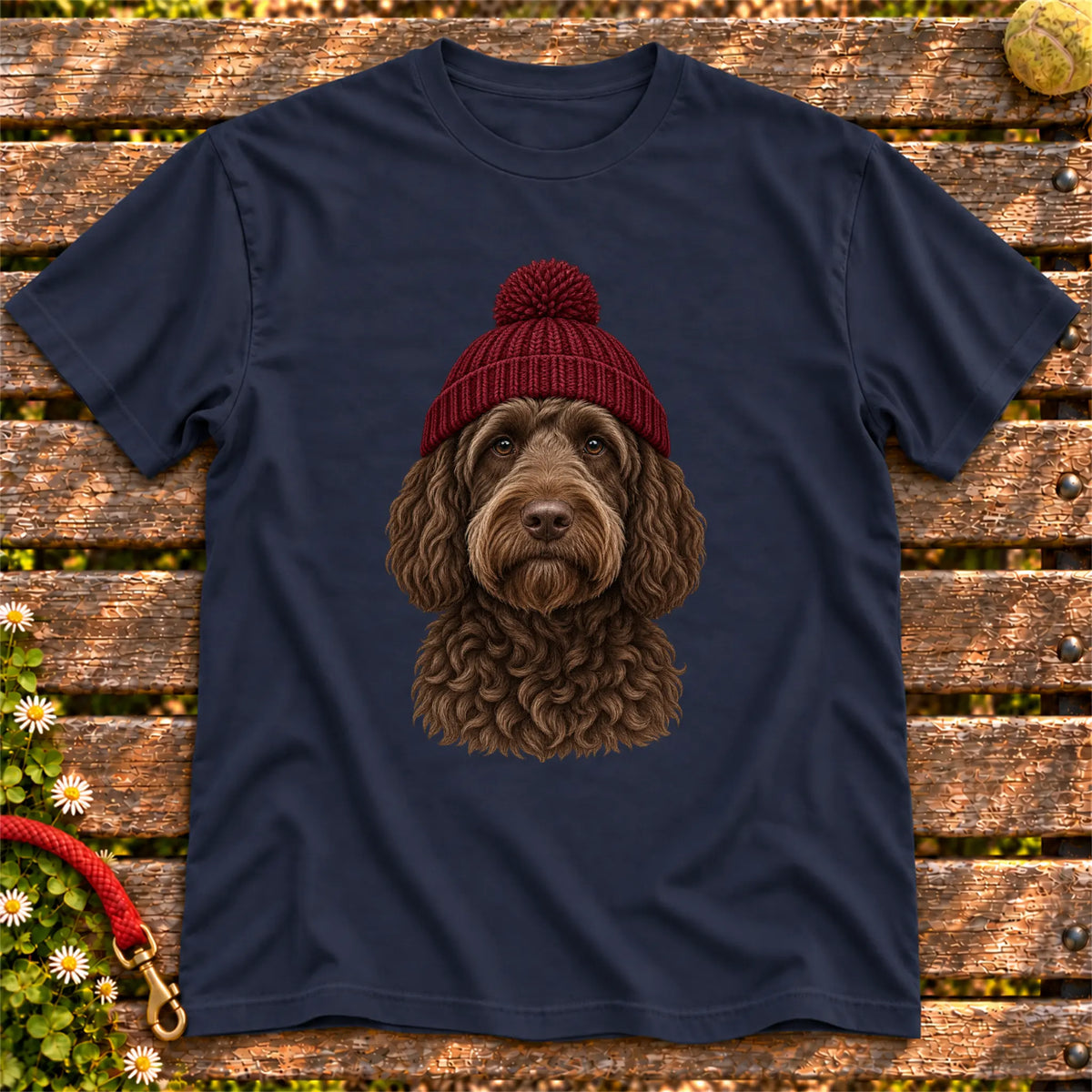 Navy Labradoodle hipster T-shirt with a dog portrait in a chunky maroon beanie