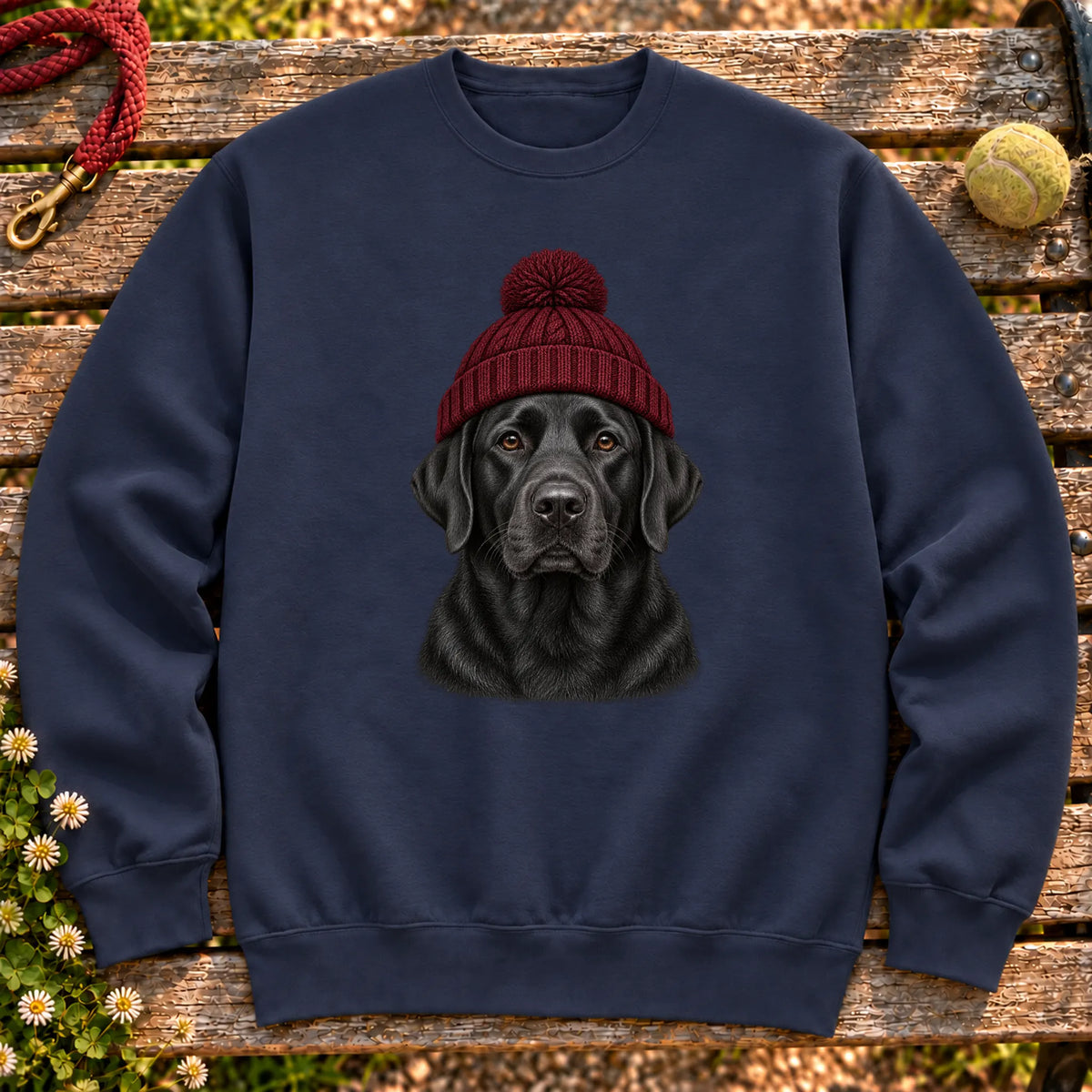 Navy Labrador Retriever hipster sweatshirt with a dog portrait in a chunky maroon beanie