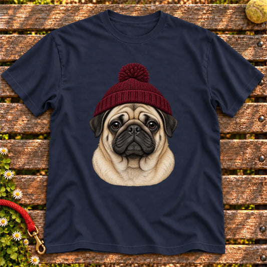 Navy Pug hipster T-shirt with a dog portrait in a chunky maroon beanie