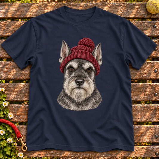 Navy Schnauzer hipster T-shirt with a dog portrait in a chunky maroon beanie