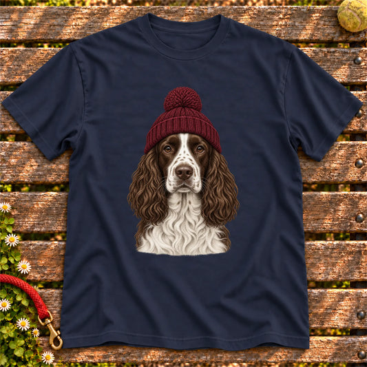 Navy Springer Spaniel hipster T-shirt with a dog portrait in a chunky maroon beanie