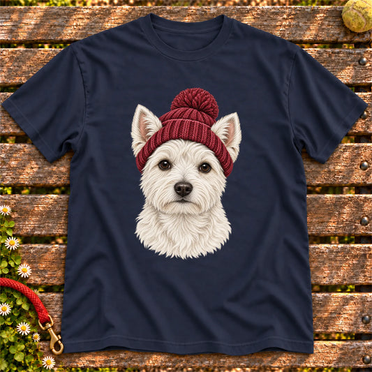 Navy Westie hipster T-shirt with a dog portrait in a chunky maroon beanie