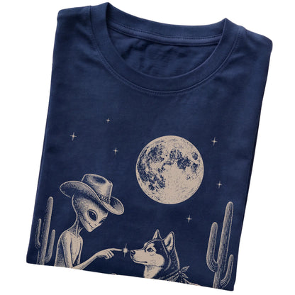 Navy T-shirt featuring Husky Cowboy and Alien, folded presentation