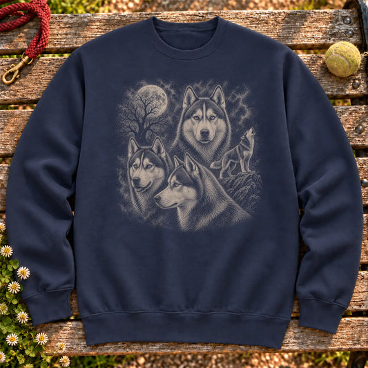 Husky 90s Moon design on a Navy crewneck sweatshirt shown flat