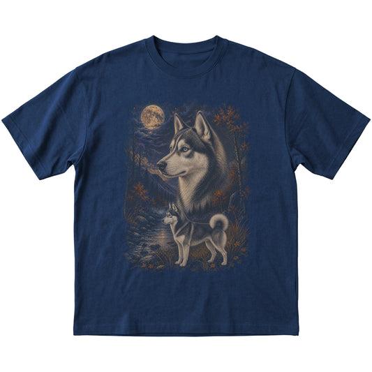 navy T-shirt with Husky Autumn Moon artwork.