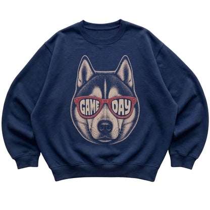 Navy Husky Game Day Sunglasses sweatshirt, laid flat