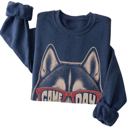 Navy Husky Game Day Sunglasses sweatshirt, folded