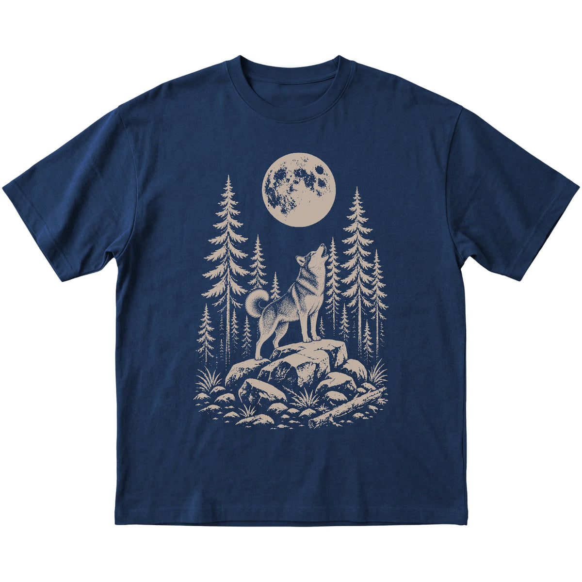 Close view of Husky Howling at the Moon artwork on Navy softstyle T-shirt