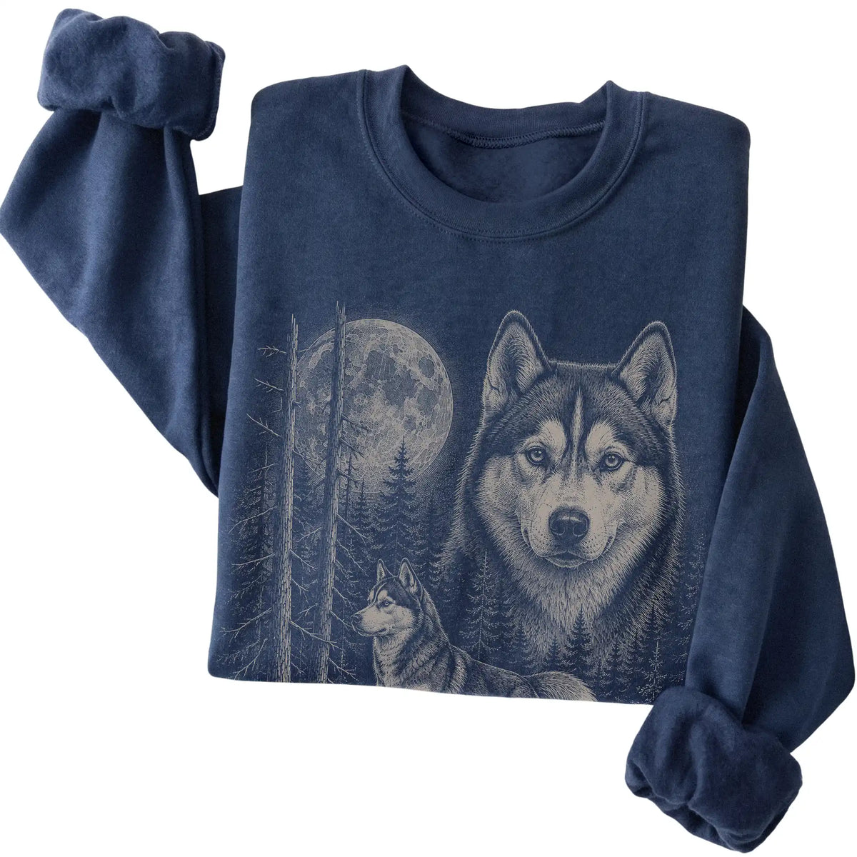 Folded navy crewneck sweatshirt showing the Husky Moonlit Forest graphic