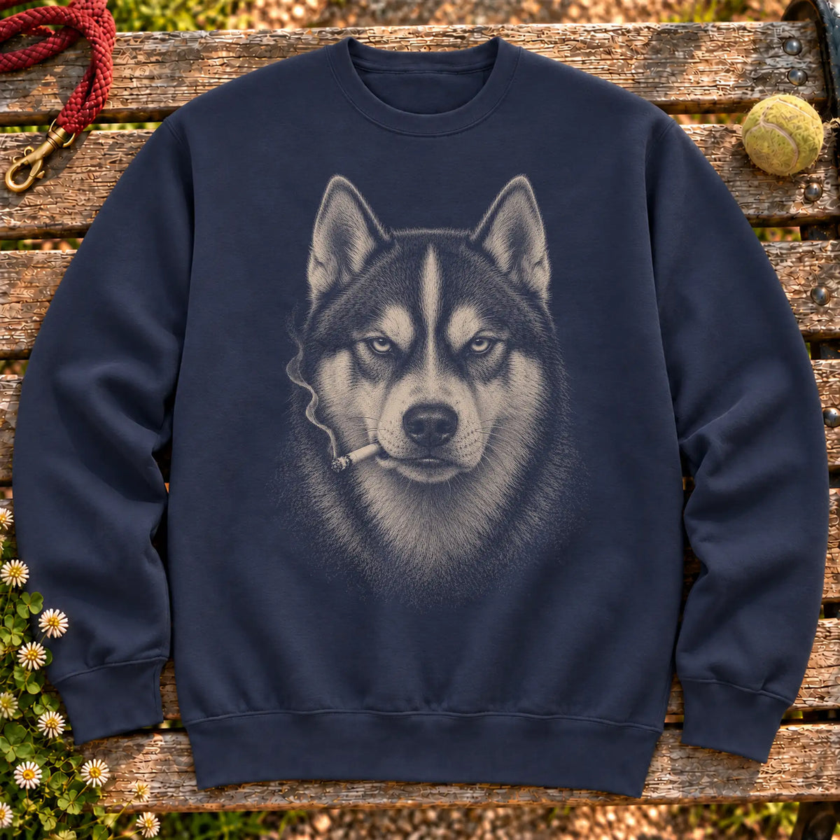 Husky smoking design on a Navy sweatshirt