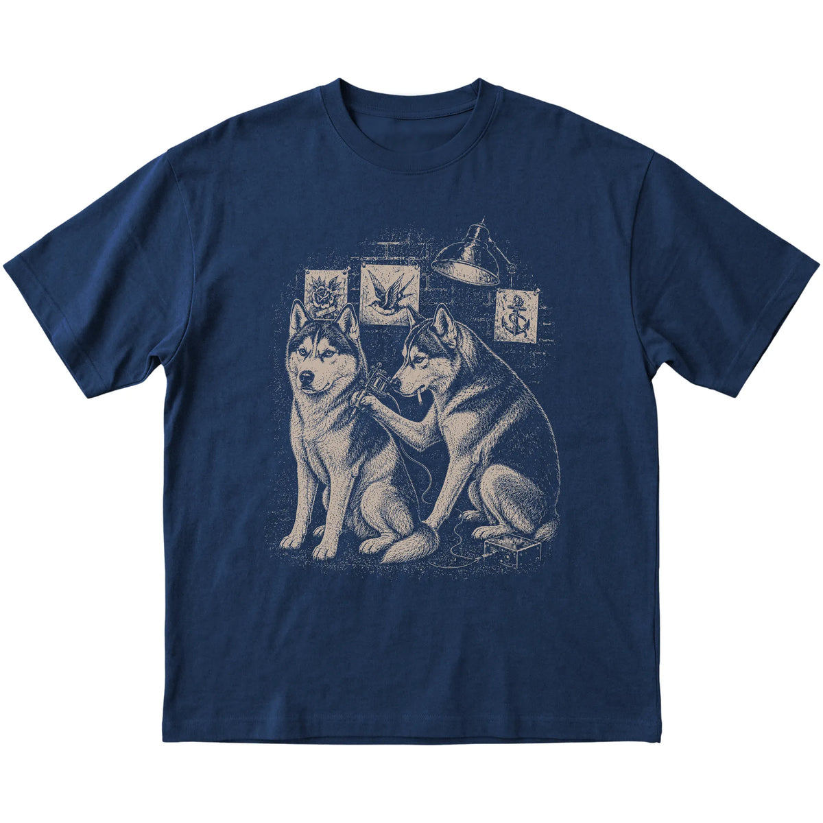 Navy Husky Dog Tattoo Artist shirt laid flat