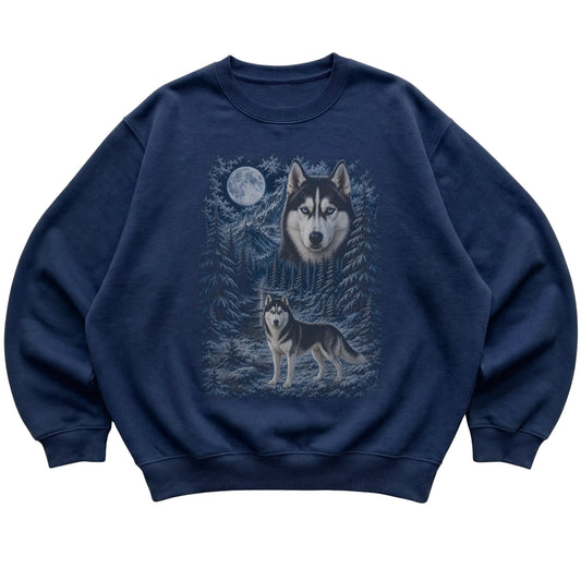 navy sweatshirt with Husky Winter Moon artwork.