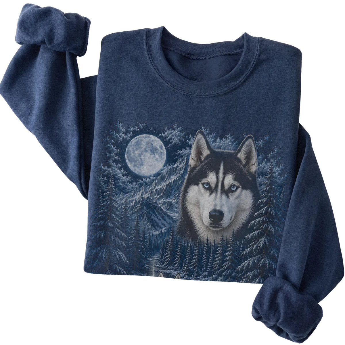 Folded navy sweatshirt with Husky Winter Moon artwork.