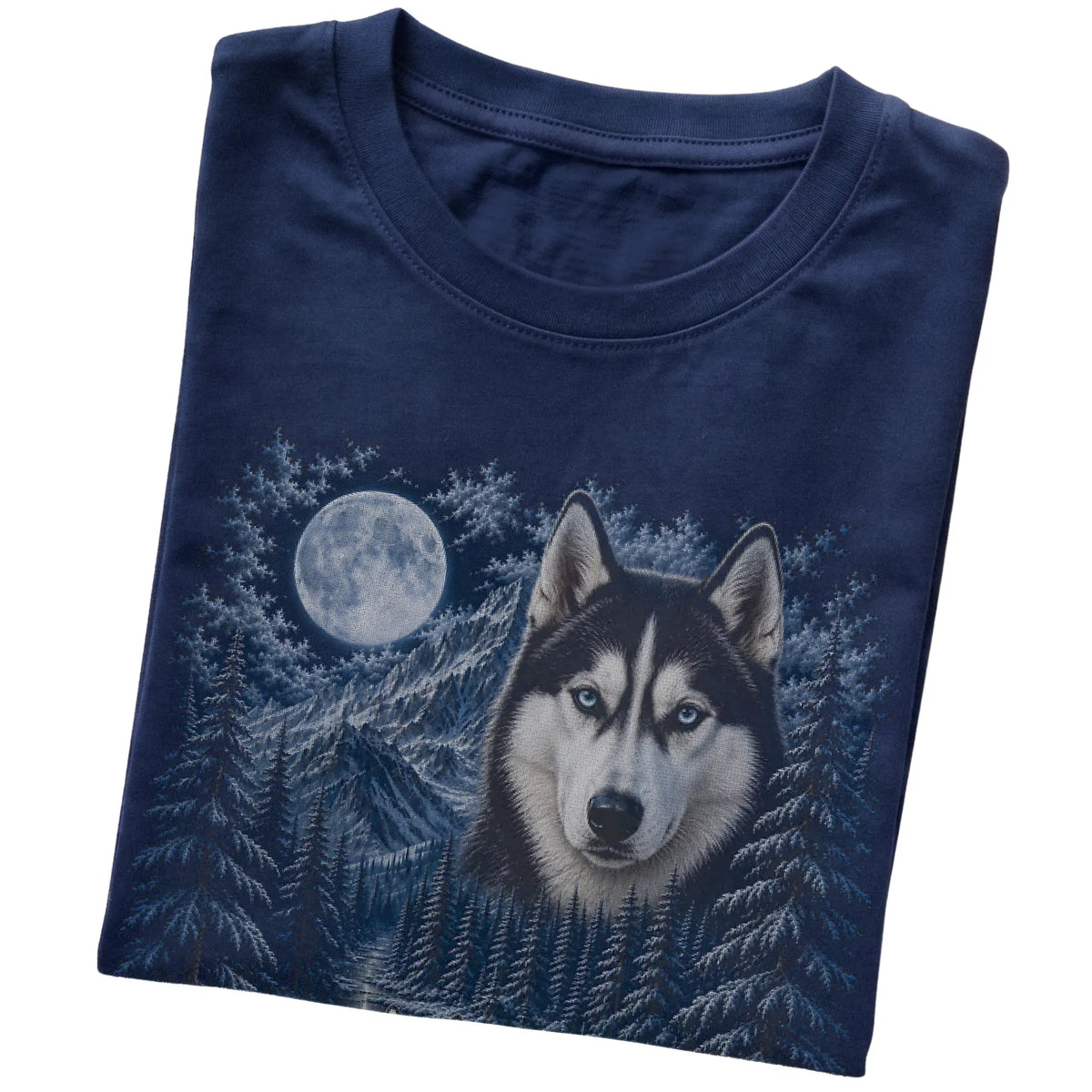 Folded navy T-shirt with Husky Winter Moon artwork.