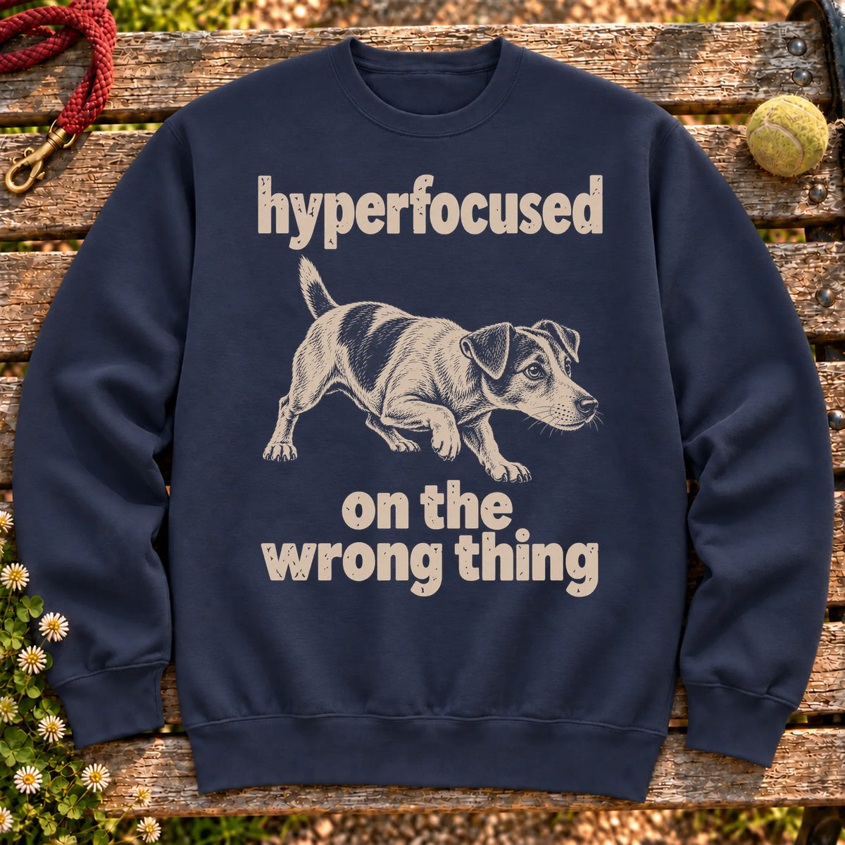 Navy sweatshirt with Jack Russell “hyperfocused on the wrong thing” design