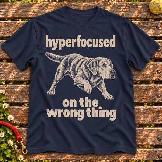 Navy T-shirt with Labrador Retriever “hyperfocused on the wrong thing” design