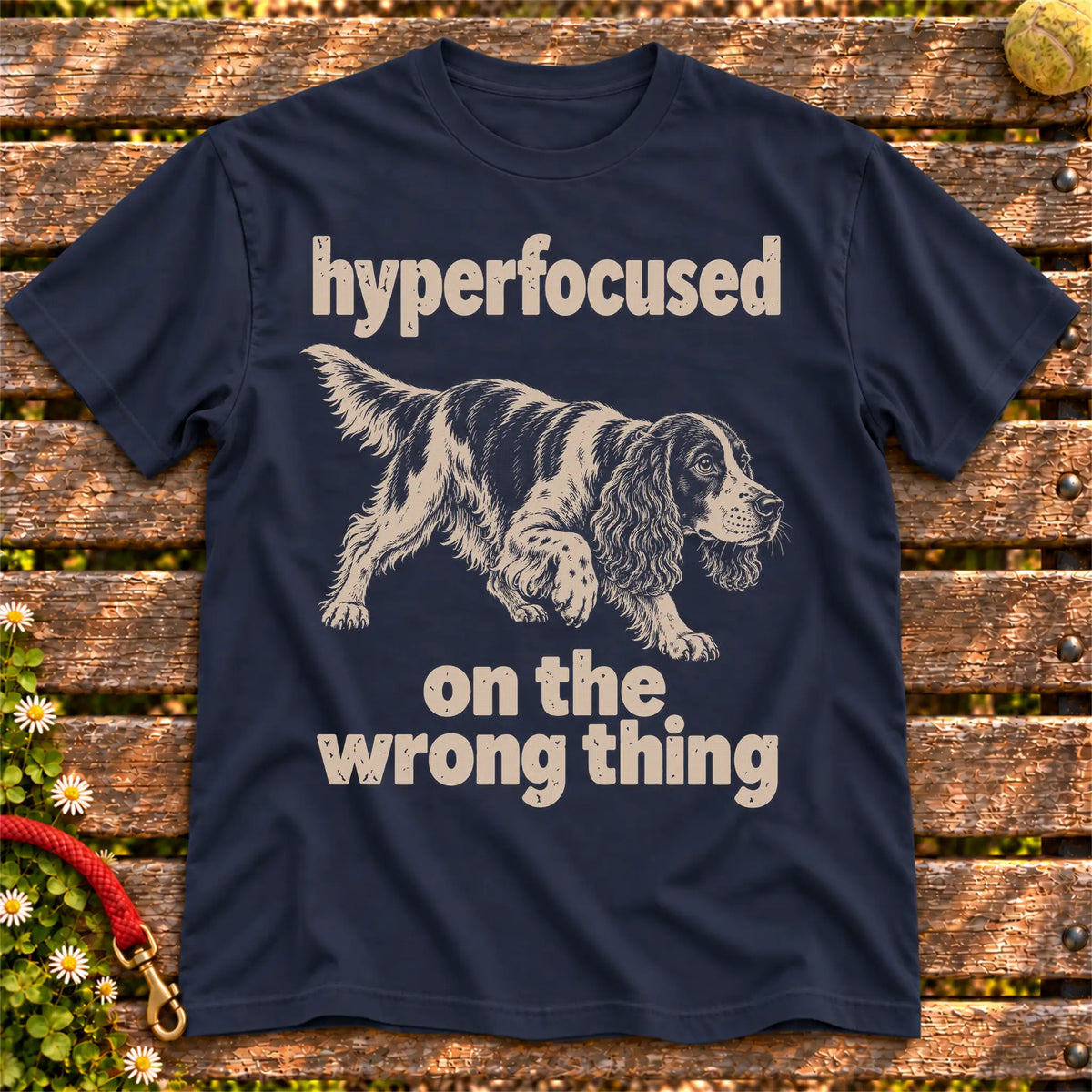 Navy T-shirt with Springer Spaniel “hyperfocused on the wrong thing” design