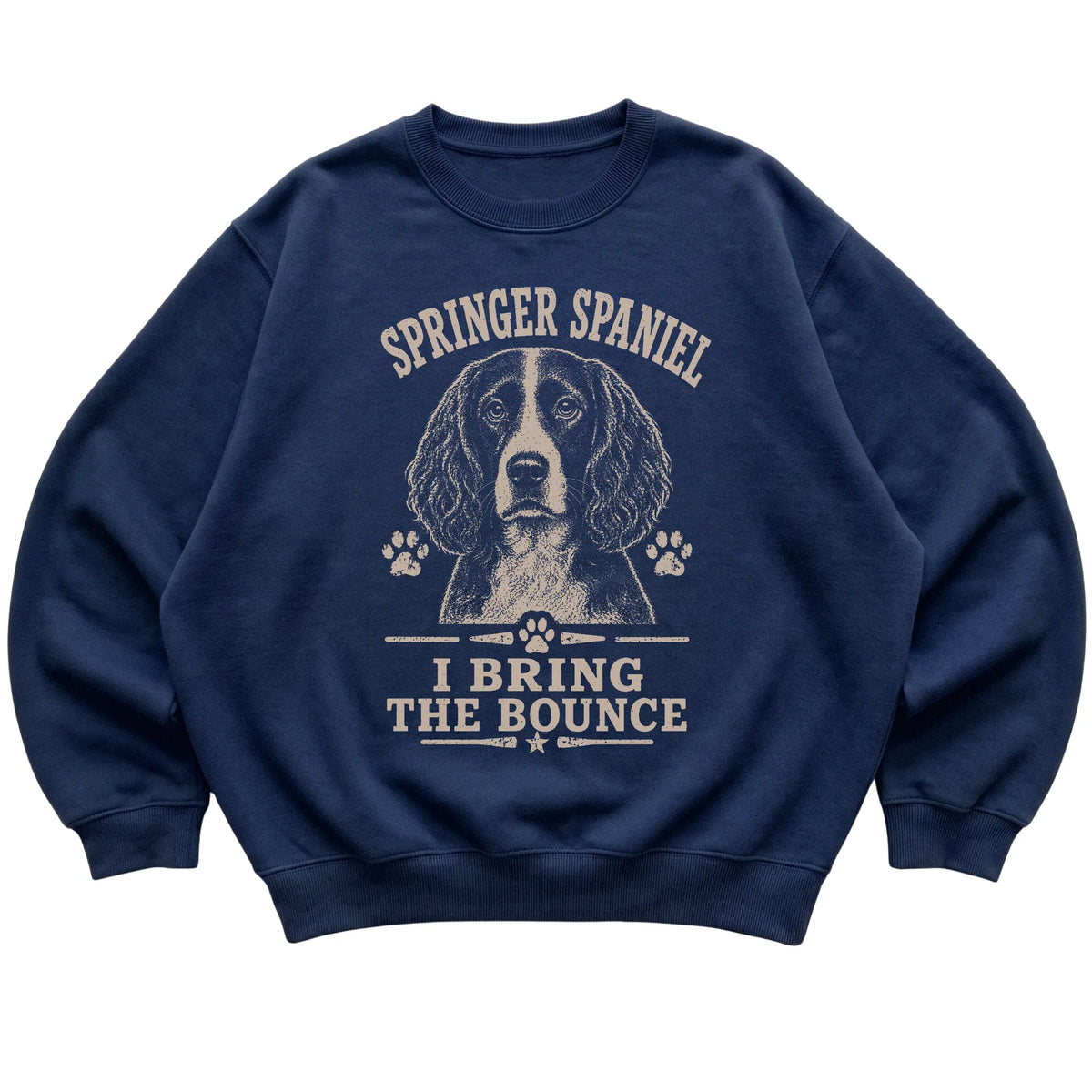 Navy crewneck sweatshirt featuring I Bring The Bounce - Springer Spaniel, laid-flat presentation