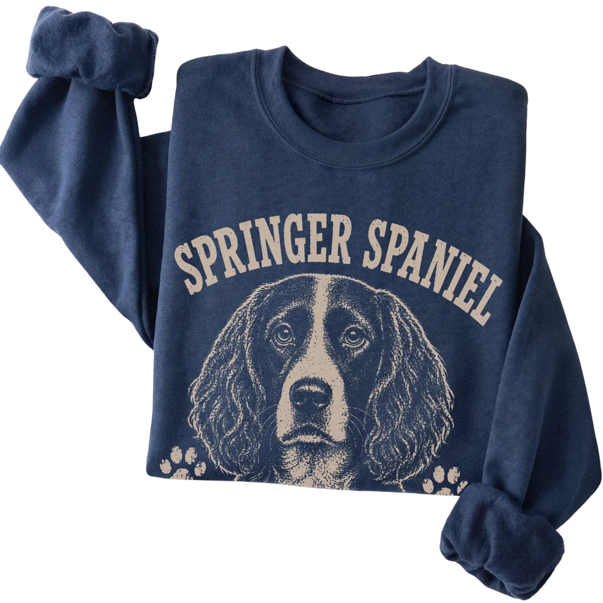 Navy crewneck sweatshirt featuring I Bring The Bounce - Springer Spaniel, folded presentation