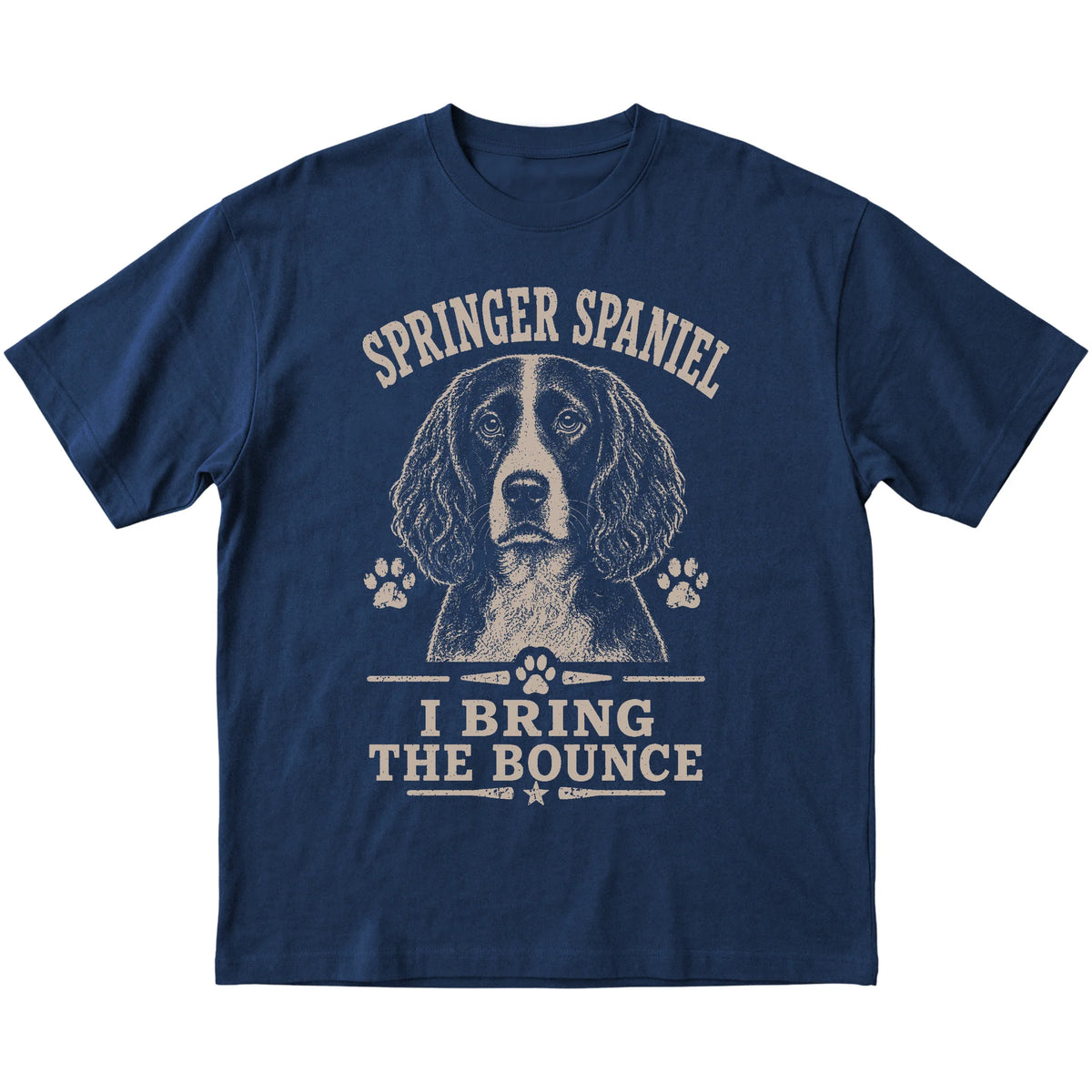 Navy T-shirt featuring I Bring The Bounce - Springer Spaniel, laid-flat presentation