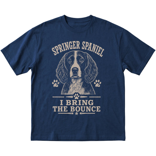 Navy T-shirt featuring I Bring The Bounce - Springer Spaniel, laid-flat presentation