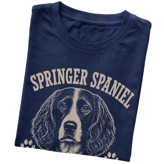Navy T-shirt featuring I Bring The Bounce - Springer Spaniel, folded presentation