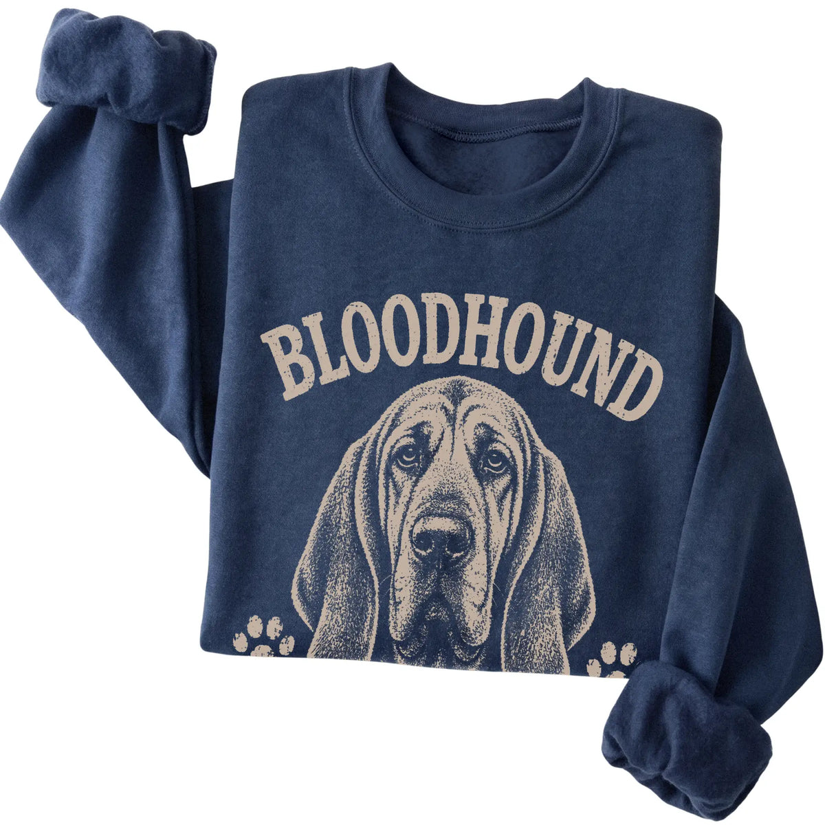 Navy crewneck sweatshirt featuring I Never Forget A Scent Or A Grudge - Bloodhound, folded presentation