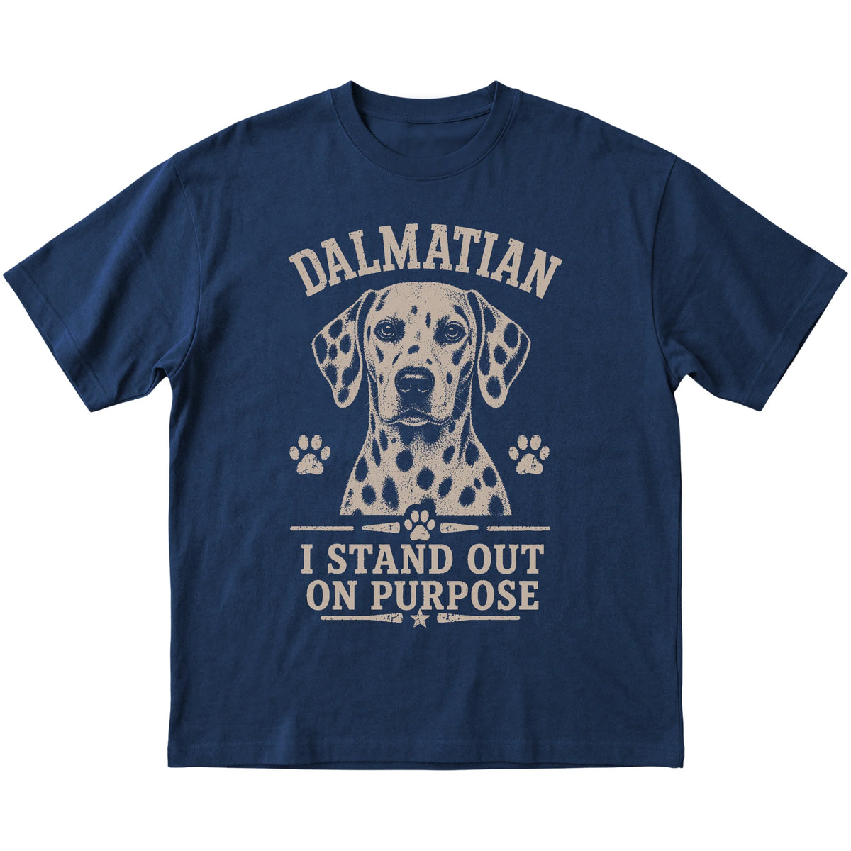 Navy T-shirt featuring I Stand Out On Purpose - Dalmatian, laid-flat presentation