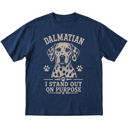 Navy T-shirt featuring I Stand Out On Purpose - Dalmatian, laid-flat presentation