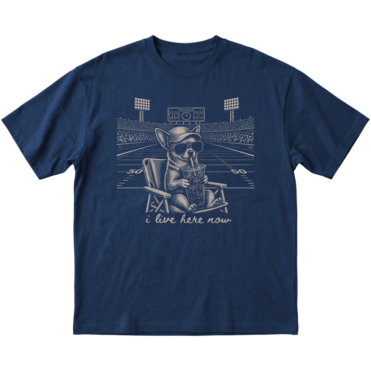 Navy I live here now Chihuahua T-shirt, laid flat