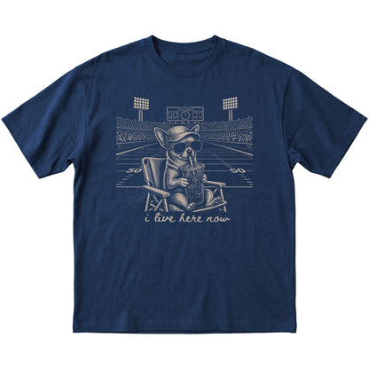 Navy I live here now Chihuahua T-shirt, laid flat