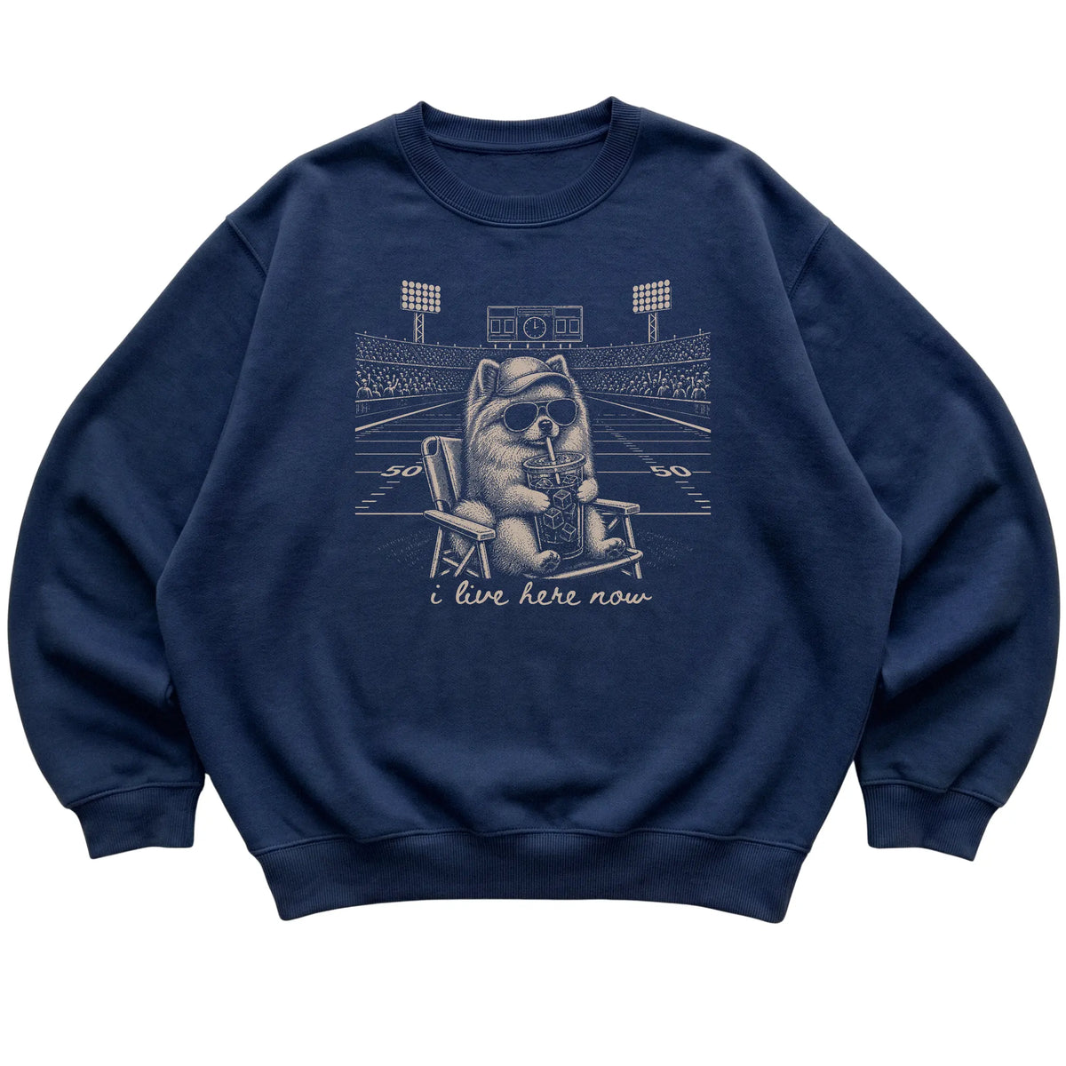 Navy I live here now Pomeranian sweatshirt, laid flat