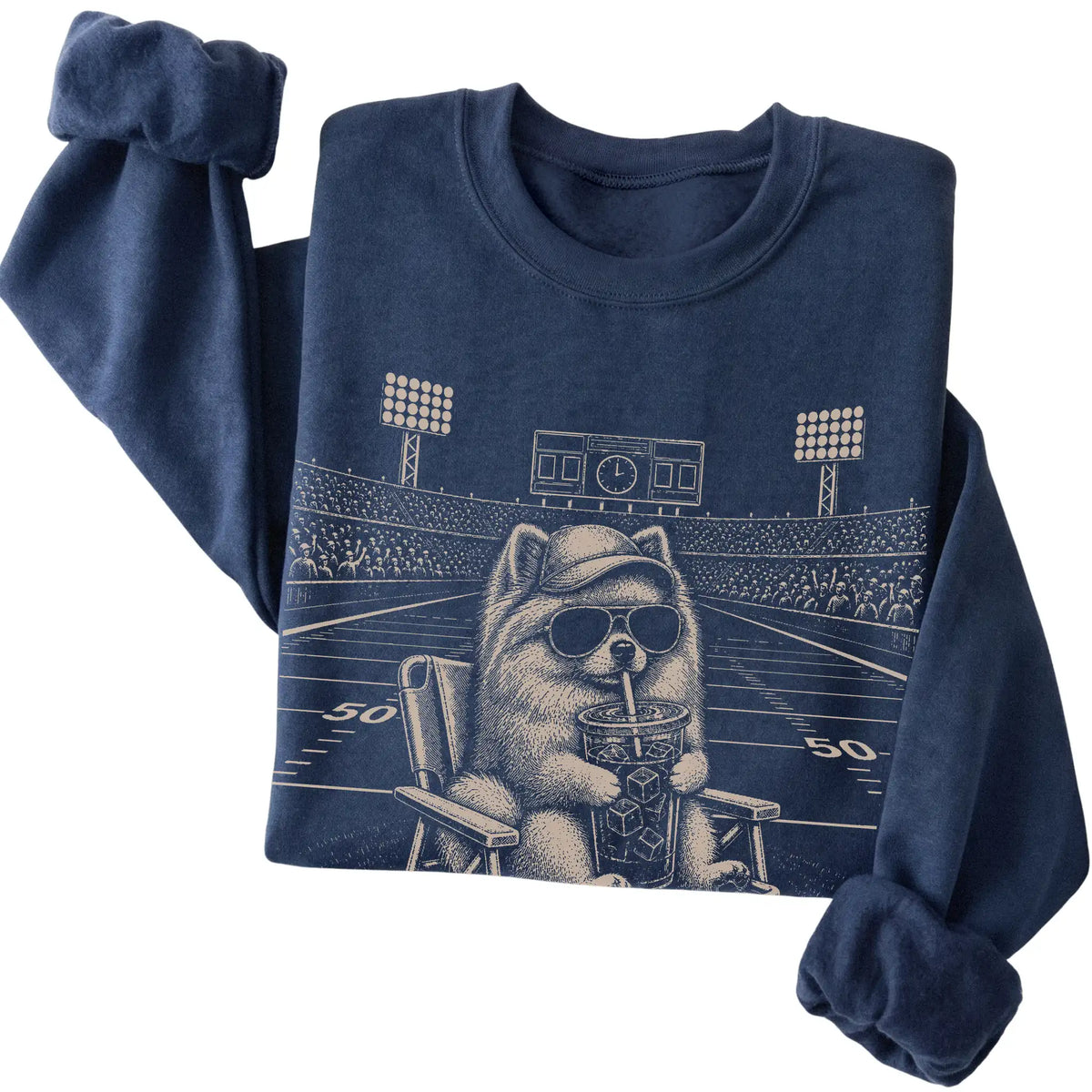 Navy I live here now Pomeranian sweatshirt, folded