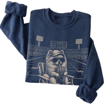 Navy I live here now Pomeranian sweatshirt, folded