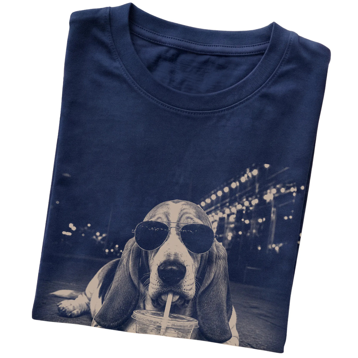 Basset Hound wearing aviator sunglasses and drinking iced coffee on a Navy Gildan Softstyle T-Shirt, folded view