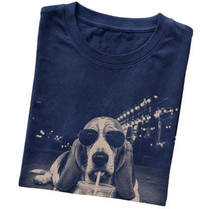 Basset Hound wearing aviator sunglasses and drinking iced coffee on a Navy Gildan Softstyle T-Shirt, folded view