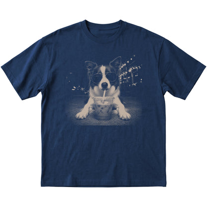 Border Collie wearing aviator sunglasses and drinking iced coffee on a Navy Gildan Softstyle T-Shirt, flat lay view