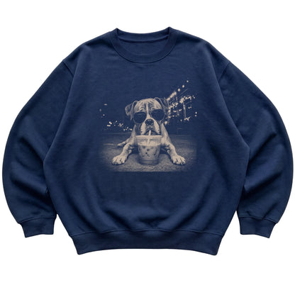 Boxer wearing aviator sunglasses and drinking iced coffee on a Navy Gildan Heavy Blend Crewneck Sweatshirt, flat lay view