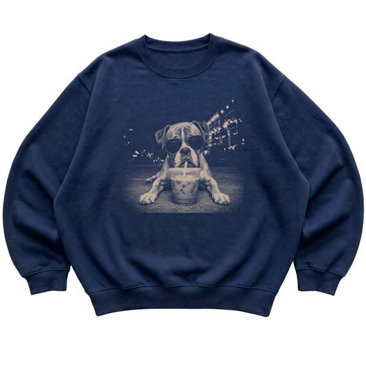 Boxer wearing aviator sunglasses and drinking iced coffee on a Navy Gildan Heavy Blend Crewneck Sweatshirt, flat lay view