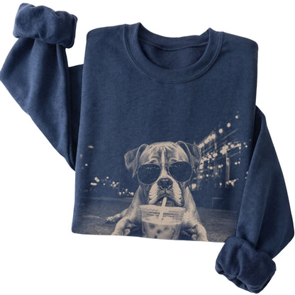 Boxer wearing aviator sunglasses and drinking iced coffee on a Navy Gildan Heavy Blend Crewneck Sweatshirt, folded view