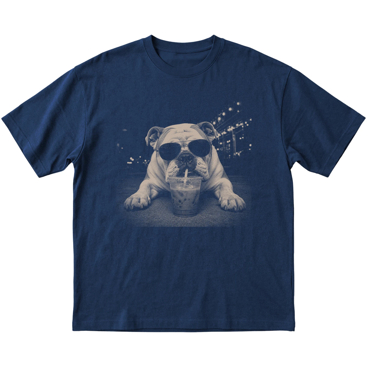Bulldog wearing aviator sunglasses and drinking iced coffee on a Navy Gildan Softstyle T-Shirt, flat lay view