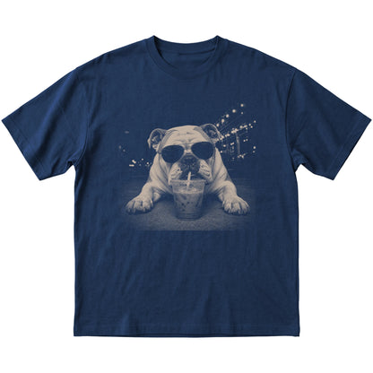Bulldog wearing aviator sunglasses and drinking iced coffee on a Navy Gildan Softstyle T-Shirt, flat lay view