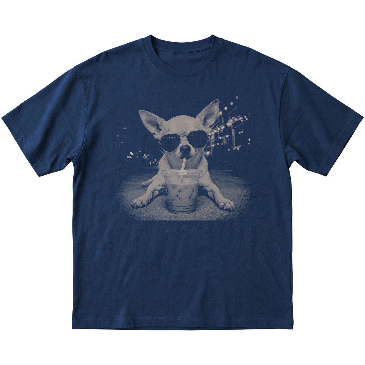 Chihuahua wearing aviator sunglasses and drinking iced coffee on a Navy Gildan Softstyle T-Shirt, flat lay view
